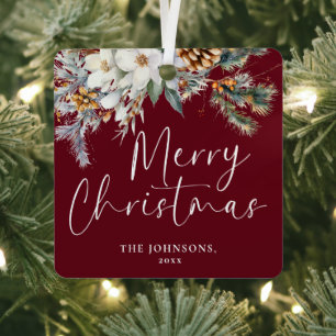 Modern Greenery Red Christmas Family Photo Metal Ornament