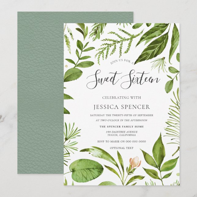 Modern Greenery Summer Spring Sweet 16 Invite (Front/Back)