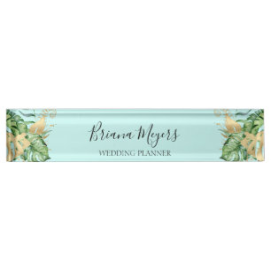 Modern Greenery Tropical Leaves Teal Blue Business Nameplate
