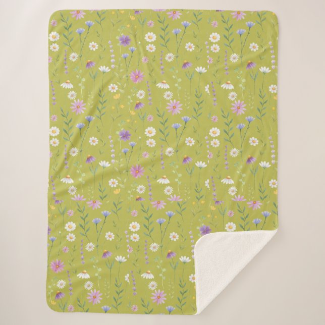 Modern Greenery Watercolor Rustic Botanical floral Sherpa Blanket (Front)