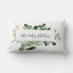 Modern Greenery Wedding Mr&Mrs Name Couple Love Lumbar Pillow