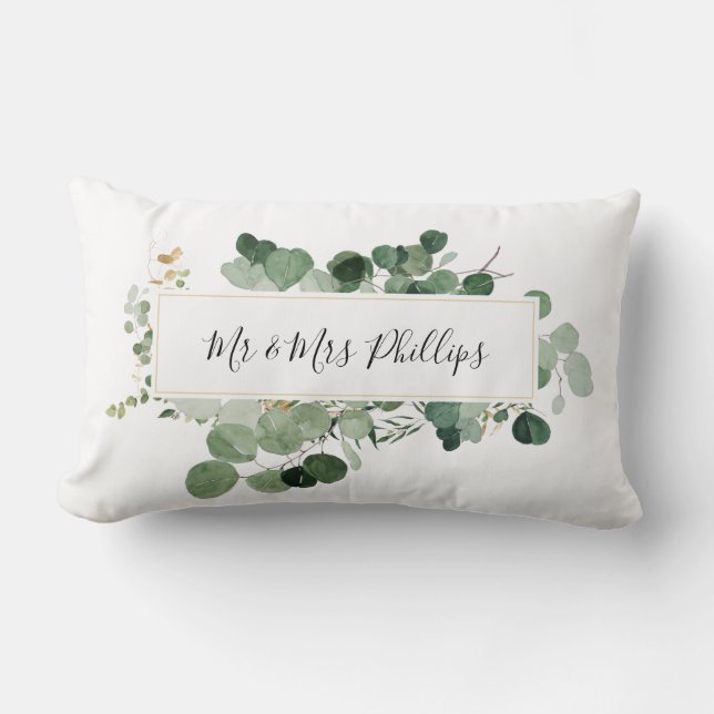 Modern Greenery Wedding Mr&Mrs Name Couple Love Lumbar Pillow (Front)