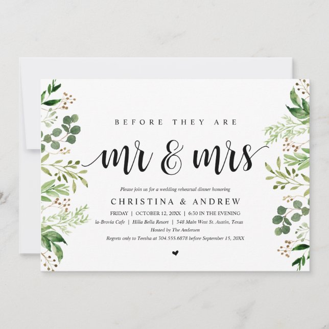 Modern Greenery, Wedding Rehearsal Dinner Invitation (Front)