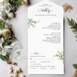 Modern Greenery Wedding w/ Perforated RSVP All I All In One Invitation<br><div class="desc">Elegant All-in-One Wedding invitation with perforated RSVP and beautiful greenery and modern calligraphy details. Environmentally friendly as there is no need for extra insert cards, RSVP cards or even envelopes, this invitation has it all! Ability to add both Wedding Ceremony and Reception details, as well as RSVP postcard ready for...</div>