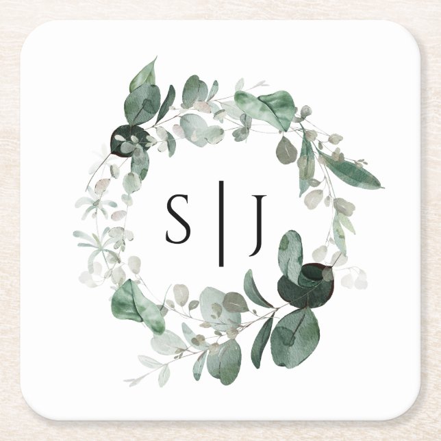 Modern Greenery White Wedding Monogram Square Paper Coaster (Front)