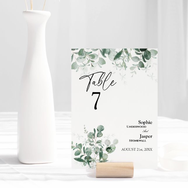 Modern Greenery White Wedding Table Number Card (Creator Uploaded)