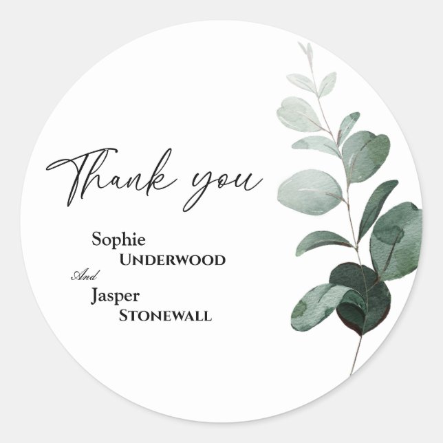 Modern Greenery White Wedding Thank You Sticker (Front)