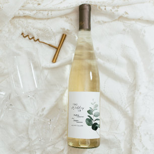 Modern Greenery White Wedding Wine Label