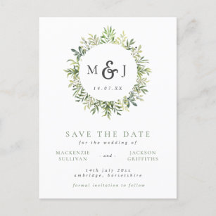Modern Greenery Wreath Monogram Wedding Save The D Announcement Postcard