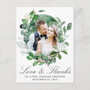 Modern Greenery Wreath Photo Wedding Thank You Postcard