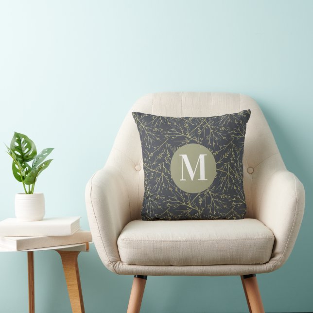 Modern Greenish Yellow Fall Design White Monogram Throw Pillow (Chair)