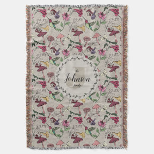 Modern Greige Family Name Hummingbird & Flowers Throw Blanket