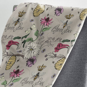 Modern Greige Queen Bee Royal Crown Floral Pattern Sherpa Blanket