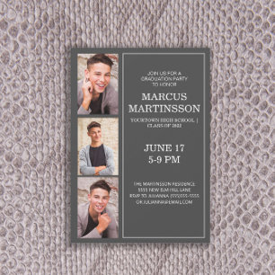 Modern Grey 3 Photo Graduation Party  Invitation
