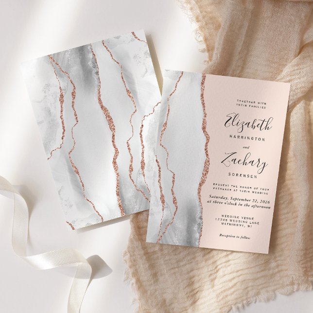 Modern Grey Agate Rose Gold Blush Wedding Invitation (Creator Uploaded)