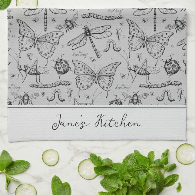 Modern Grey and Black Chef's Kitchen Insect  Kitchen Towel (Folded)