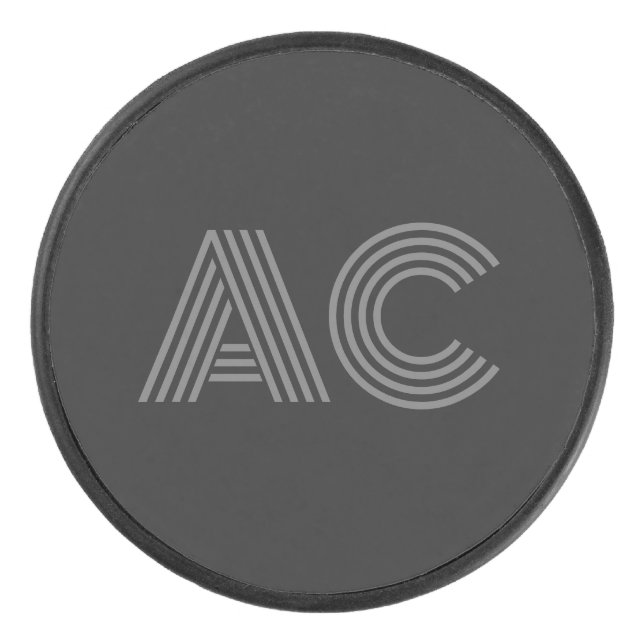 Modern Grey and Black Monogram Hockey Puck (Front)