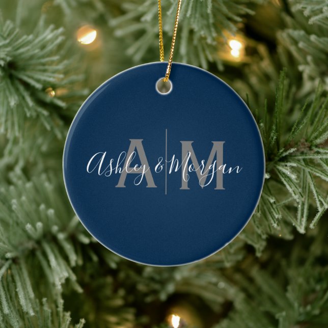 Modern Grey and Blue Couple's Monogram Ceramic Ornament (Tree)