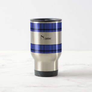 Modern grey and blue plaid personalized name travel mug