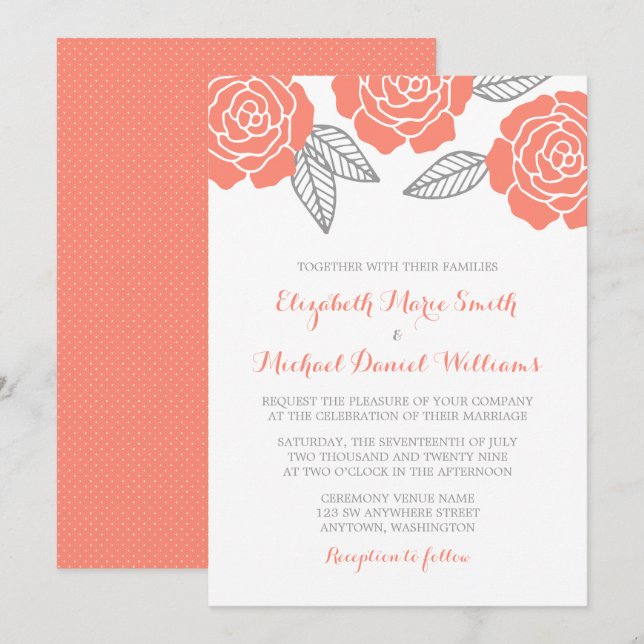 Modern Grey and Coral Rose Wedding Invitations (Front/Back)