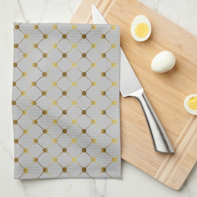 Modern Grey and Gold Dot Grid  Kitchen Towel (Quarter Fold)