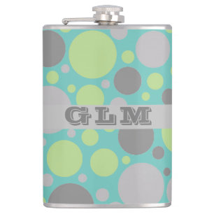 Modern Grey and Green Bubbles Monogram Hip Flask