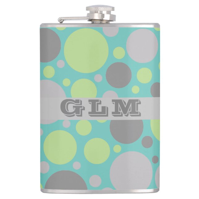 Modern Grey and Green Bubbles Monogram Hip Flask (Front)
