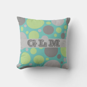 Modern Grey and Green Bubbles Monogram Throw Pillow