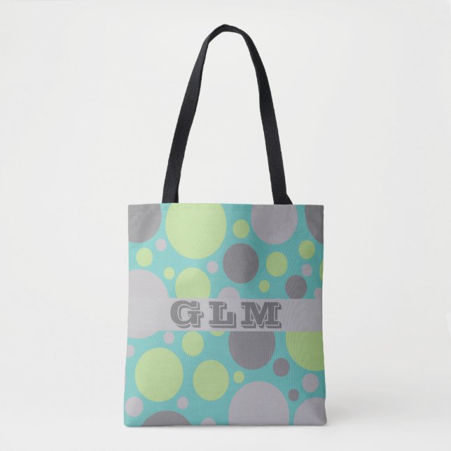Modern Grey and Green Bubbles Monogram Tote Bag (Front)