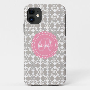 Modern Grey and Pink Damask Personalized iPhone 11 Case