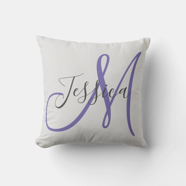 Modern Grey and Purple Monogram Throw Pillow (Front)