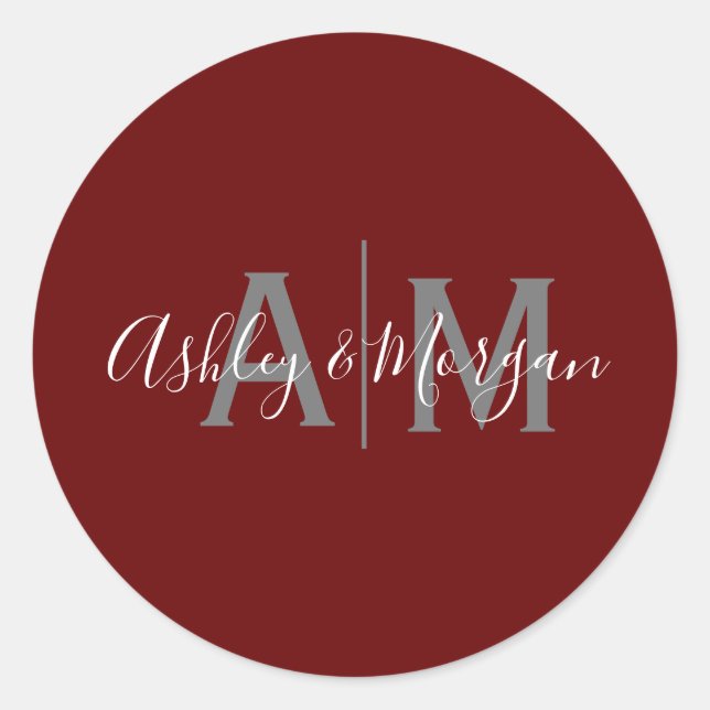 Modern Grey and Red Couple's Monogram  Classic Round Sticker (Front)