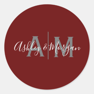 Modern Grey and Red Couple's Monogram  Classic Round Sticker