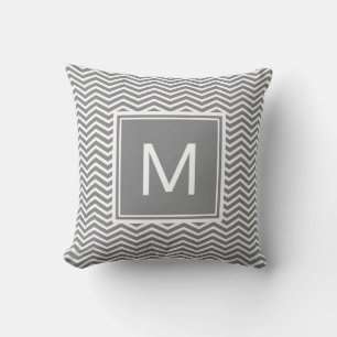 Modern Grey and White Chevrons With Monogram Throw Pillow