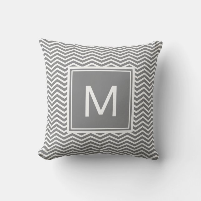 Modern Grey and White Chevrons With Monogram Throw Pillow (Front)