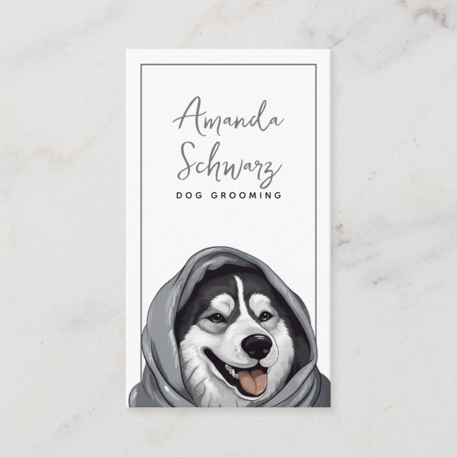 Modern Grey and White Cute Husky Dog Grooming Business Card (Front)