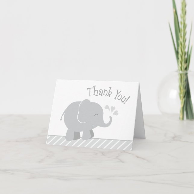 Modern Grey and White Elephant Baby Shower Thank You Card (Front)