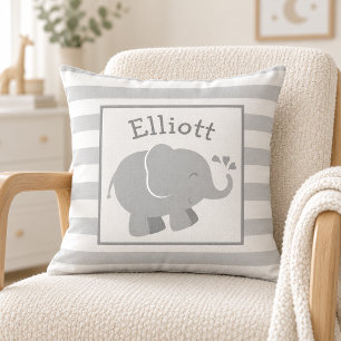 Modern Grey and White Elephant Monogram Throw Pillow
