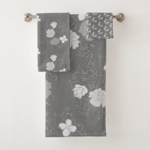 Modern Grey and White Floral Pattern Bath Towel Set