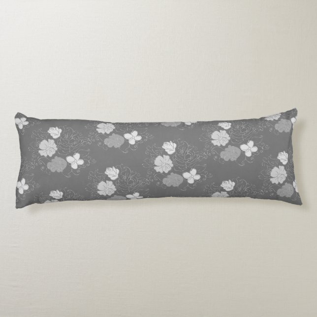 Modern Grey and White Floral Pattern Body Pillow (Back)