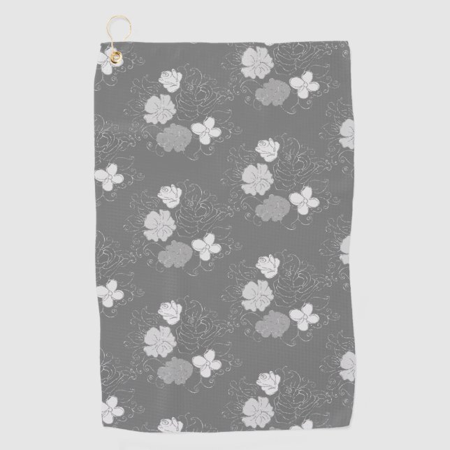 Modern Grey and White Floral Pattern   Golf Towel (Front)
