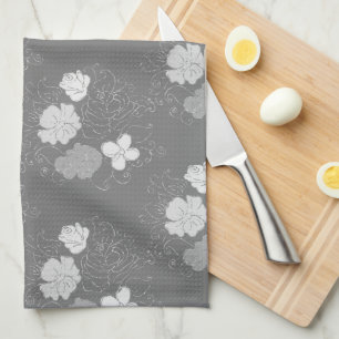 Modern Grey and White Floral Pattern  Kitchen Towel