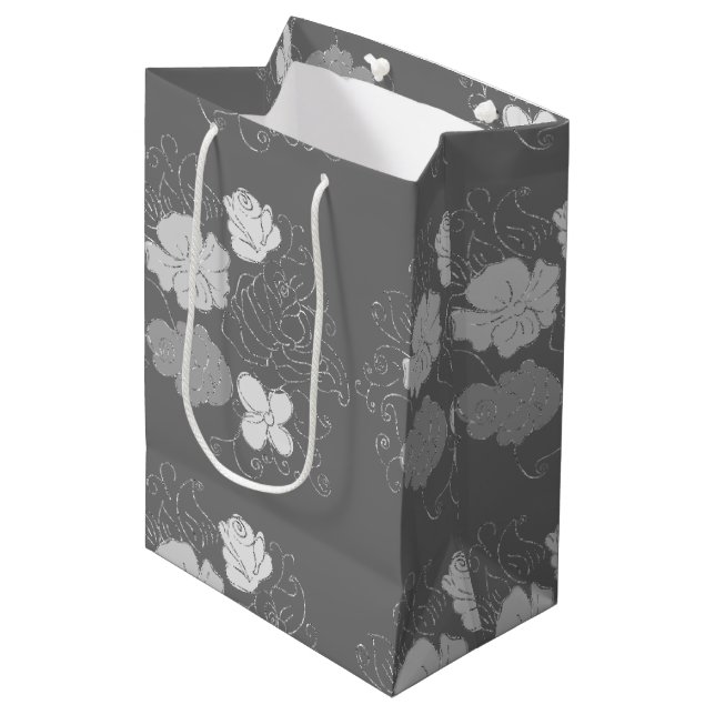 Modern Grey and White Floral Pattern  Medium Gift Bag (Front Angled)