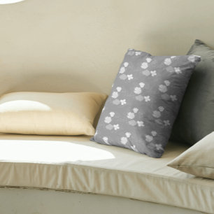 Modern Grey and White Floral Pattern Throw Pillow