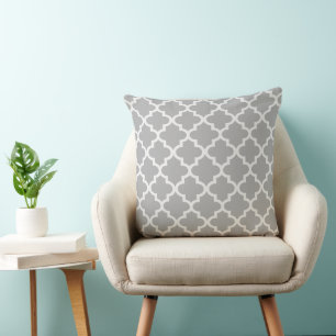 Modern Grey and White Quatrefoil Pattern Throw Pillow