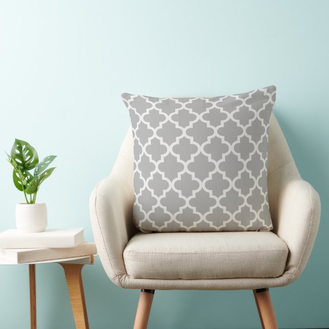 Modern Grey and White Quatrefoil Pattern Throw Pillow (Chair)