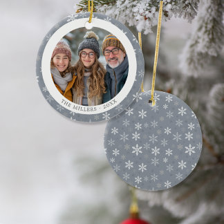 Modern Grey and White Snowflakes Photo Ceramic Ornament