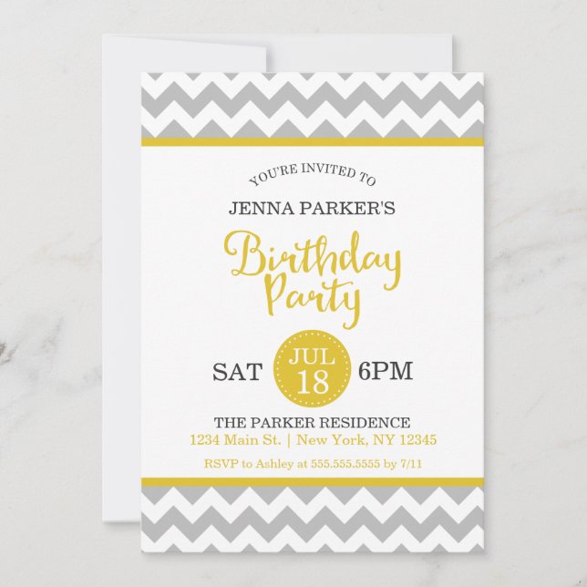 Modern Grey and Yellow Chevron Birthday Party Invitation (Front)