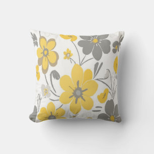 Modern Grey and Yellow Floral Pattern on White Throw Pillow