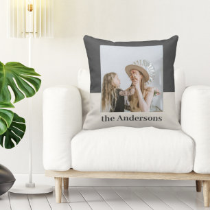 Modern Grey  & Beige   Photo   Family Name Throw Pillow